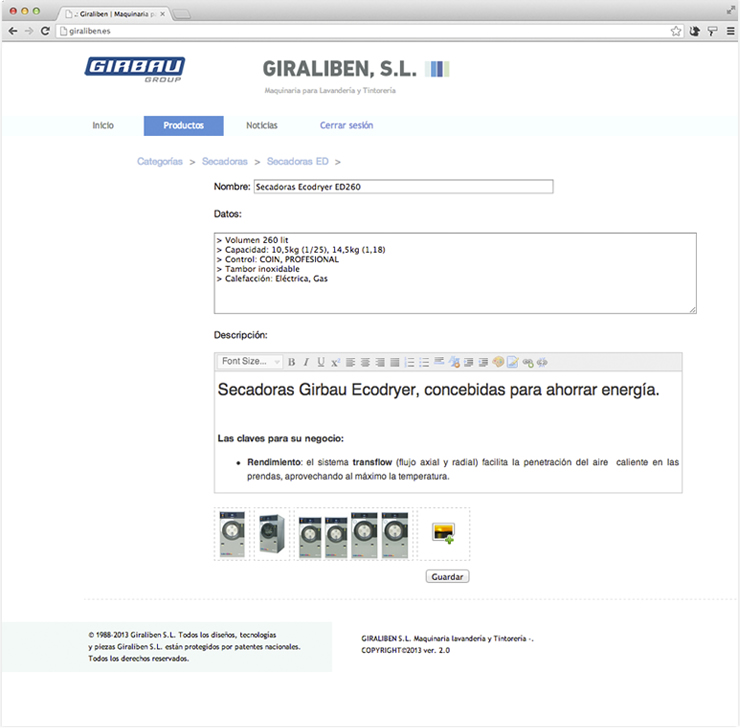 Backoffice (CMS) customized for Giraliben SL laundry and dry cleaning machinery image