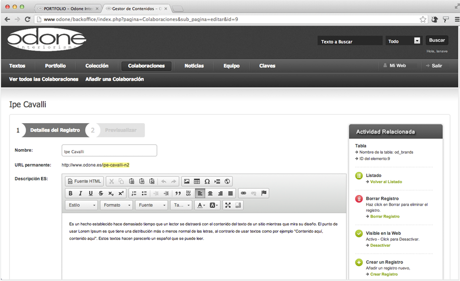 Backoffice (CMS) customized for Odone interiorismo image